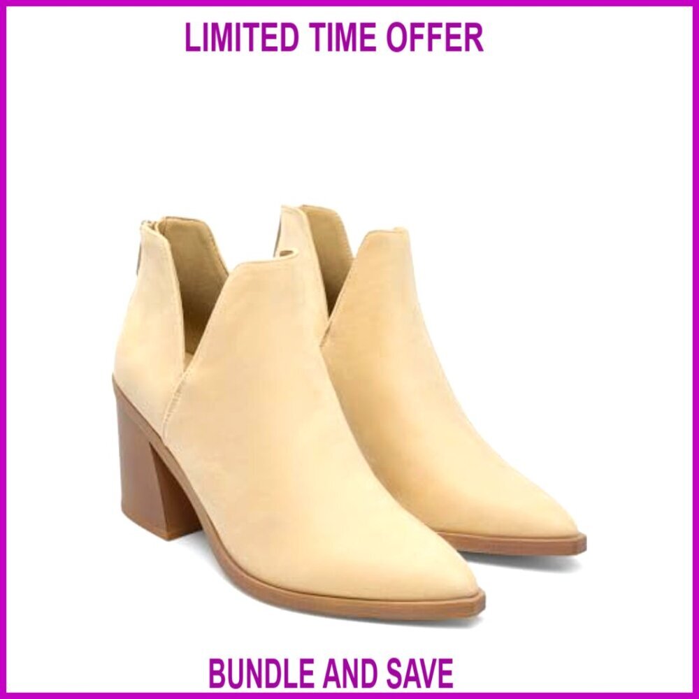 Faux Leather Chunky Heel Ankle Boots Pointed Toe Booties - Picture 5 of 7
